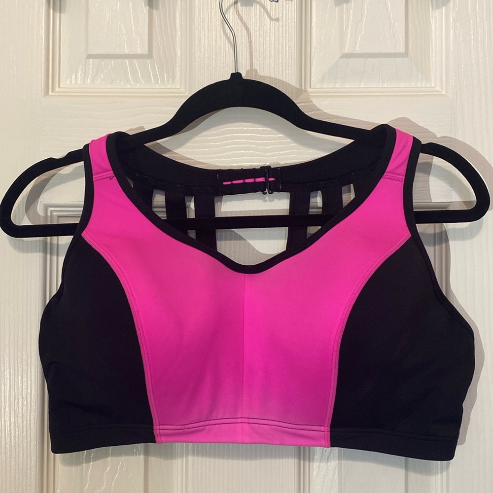 Lane Bryant Livi sports bra, halter design, pink and black, 40DD